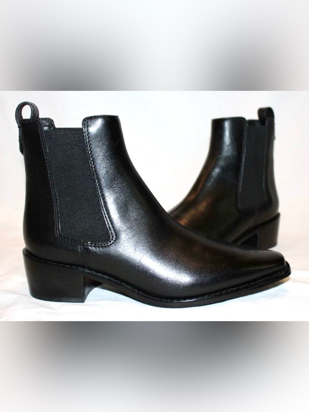 Tory Burch Black Leather Chelsea Ankle Boots 8.5M Square Toe Block Heel with Box - Picture 2 of 9